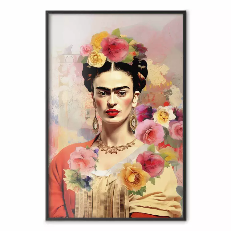 Subtle Portrait - Frida Kahlo on a Blurred Background Full of Flowers