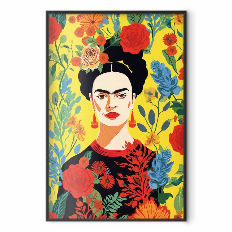 Poster Frida Kahlo - Geometric Portrait on Yellow Floral Background