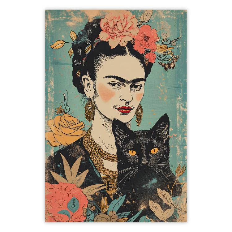 Poster Frida With a Cat - A Portrait of the Painter Inspired by the Japanese Style