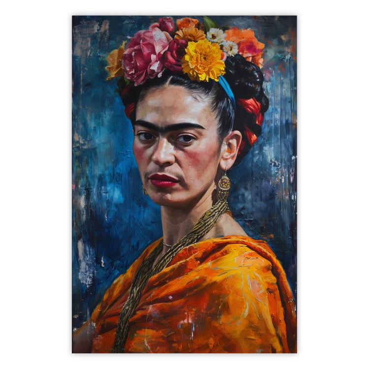 Poster Frida Kahlo - Portrait of a Woman on a Dark Blue Painting Background