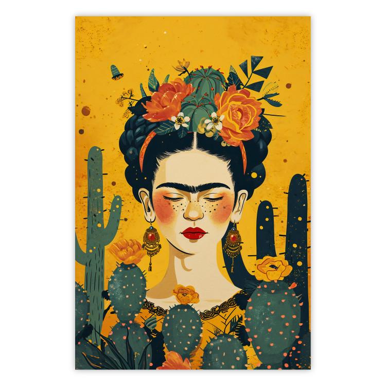 Poster Frida With Cacti - Cartoon Portrait on Orange Background