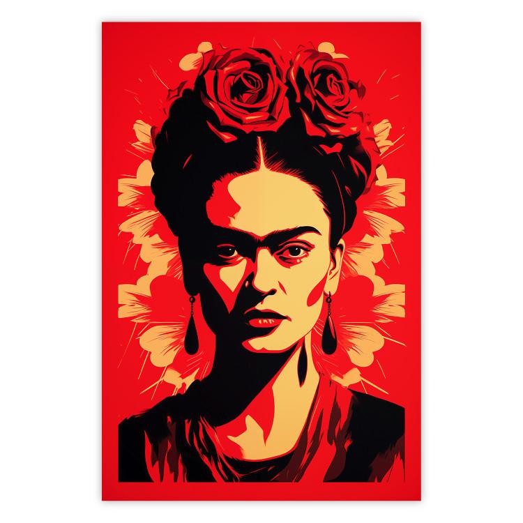 Poster Portrait of Frida - A Poster-Like Representation of the Painter on a Red Background