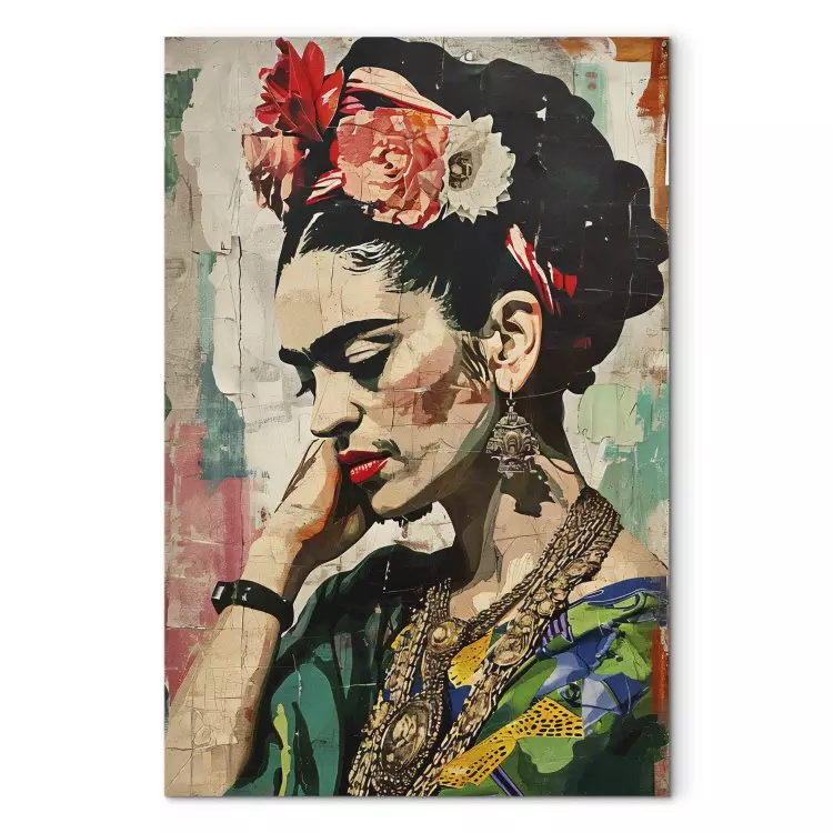 Canvas Print Frida Kahlo - A Colorful Portrait of a Woman on a Cracked Wall