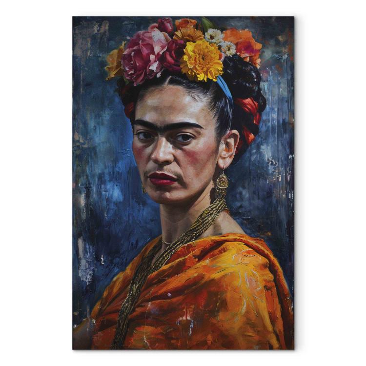 Canvas Print Frida Kahlo - Painterly Portrait of the Artist on a Dark Blue Background