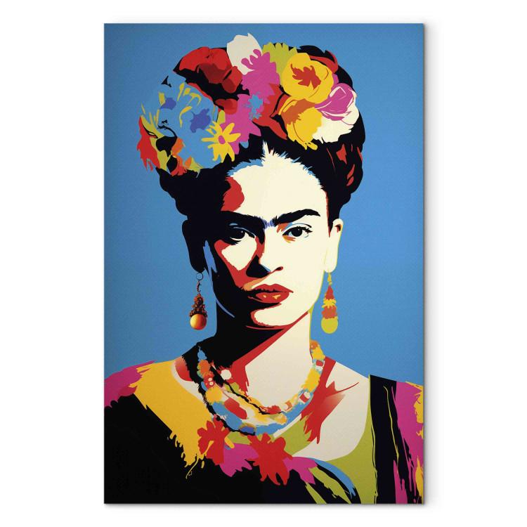 Canvas Print Frida Kahlo - Portrait of a Woman in Pop-Art Style on a Blue Background