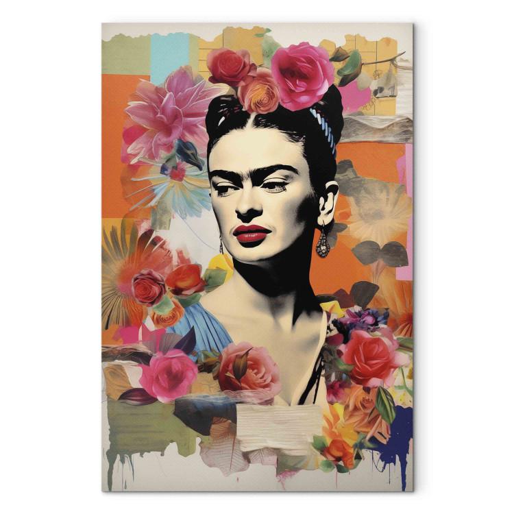 Canvas Print Portrait of the Painter - Frida Kahlo on a Pastel Floral Background