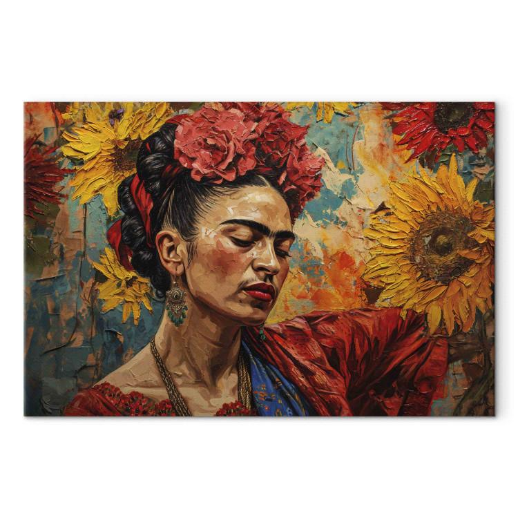 Canvas Print Frida Kahlo - Woman Against a Background of Sunflowers in the Style of Van Gogh’s Paintings