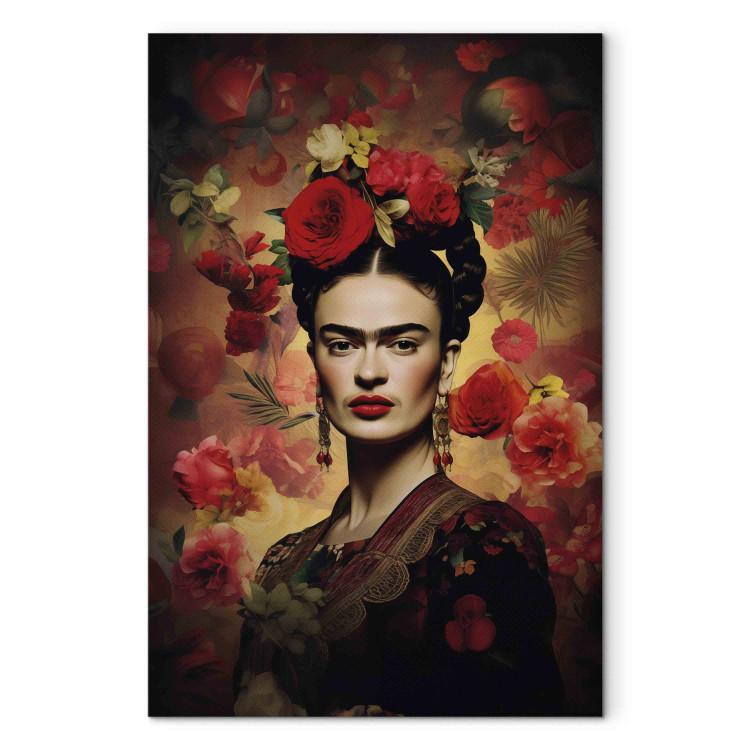 Canvas Print Frida Kahlo - Portrait With Roses and Leaves on a Dark Brown Background