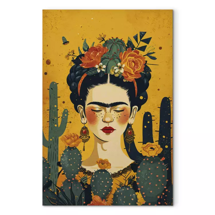 Frida with cactus - portrait of the painter on an orange background