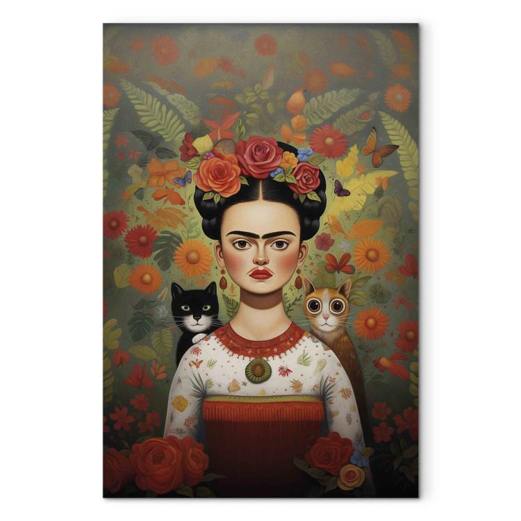 Canvas Print Cartoon Frida - A Colorful Portrait of the Artist With Two Cats