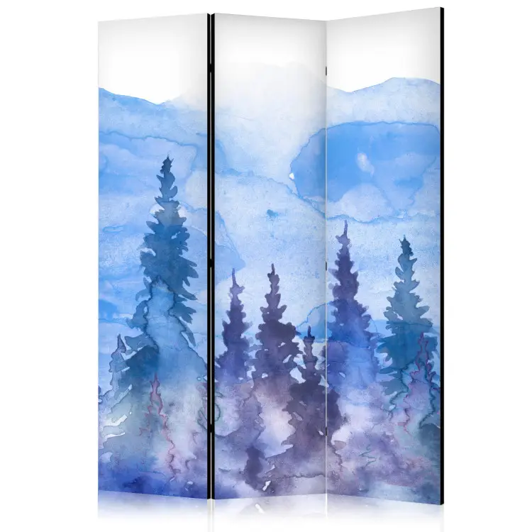 Watercolor Landscape - Cobalt Forest of Christmas Trees on the Background of Mountain Peaks
