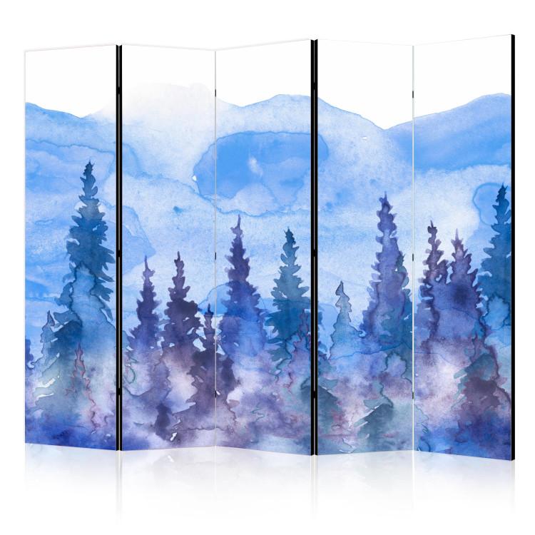 Room Divider Watercolor Landscape - Cobalt Forest of Christmas Trees on the Background of Mountain Peaks II [Room Dividers]