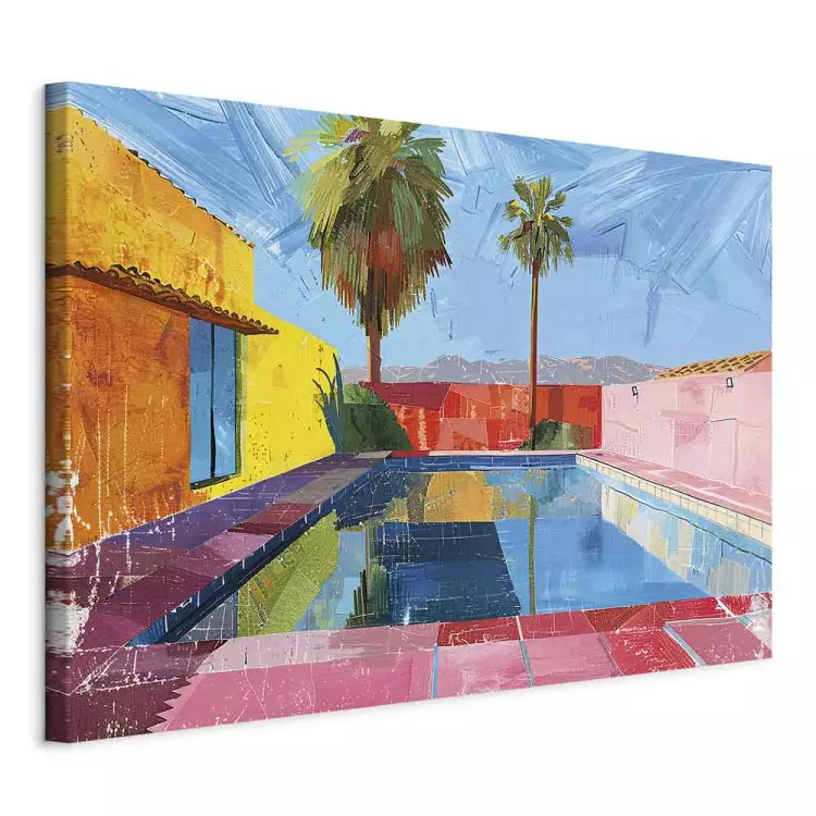 Colourful pool: tropical palm trees and colourful walls
