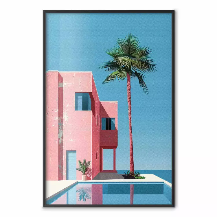 Pink villa - modern architecture with palm tree and swimming pool