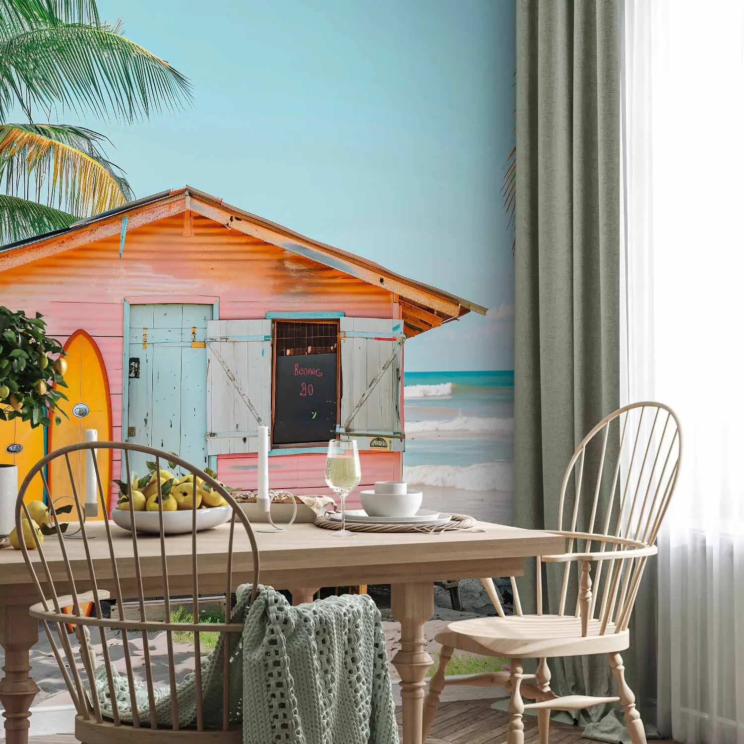 Wall Mural Surf Shack pastel-coloured bungalow, surfboards and