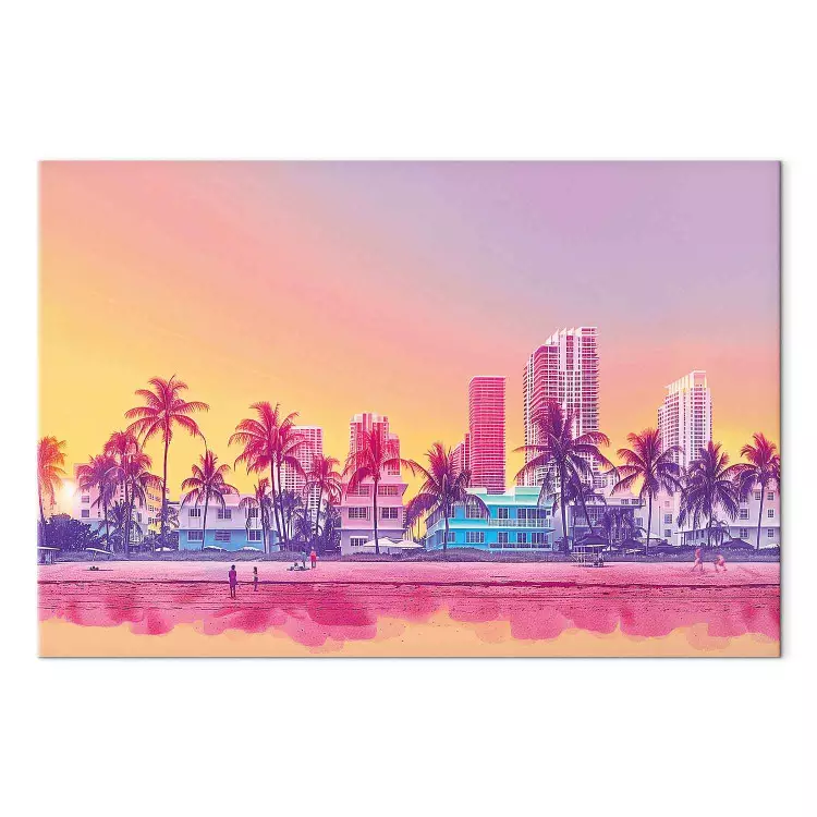 Neon beach - colourful buildings and palm trees at sunset