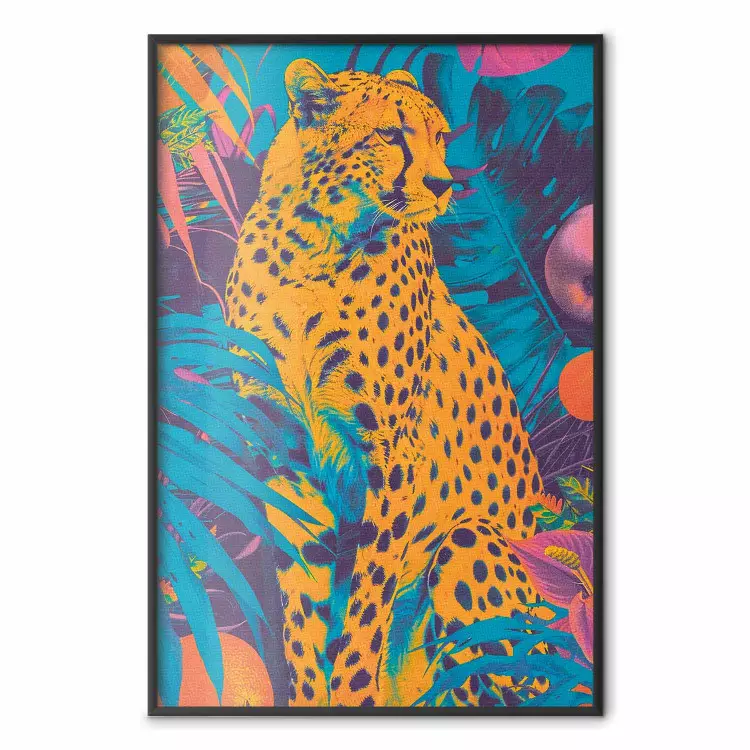 Exotic Pattern - Neon Cheetah Against a Background of Tropical Plants and Fruits