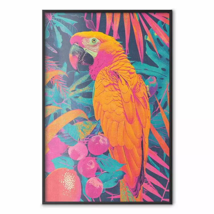 Exotic Bird - Neon Parrot Against a Background of Tropical Leaves and Fruits