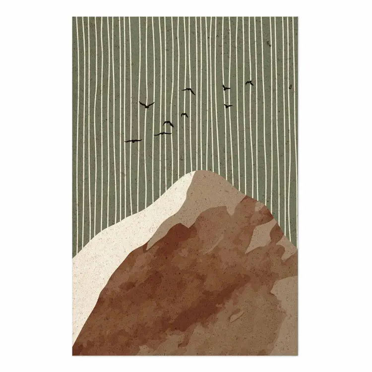 Flying in the green sky - abstract mountain with vertical lines and birds