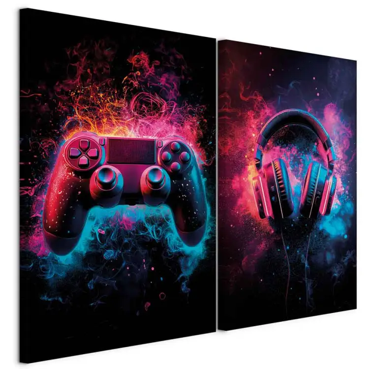 Colorful gaming - controller and headphones in a neon glow