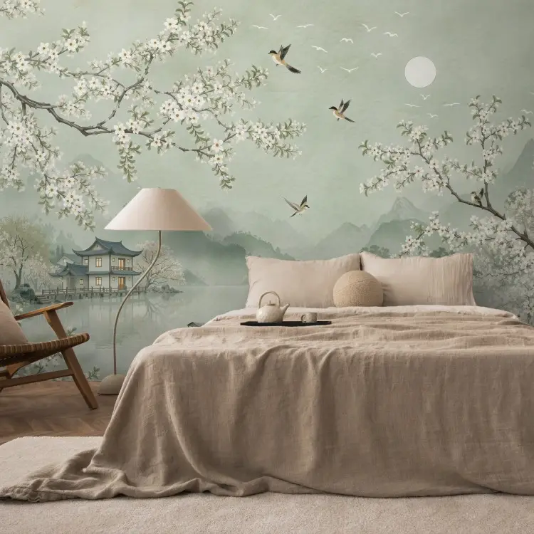 Asian landscape - calm water surrounded by blooming oriental cherry branches