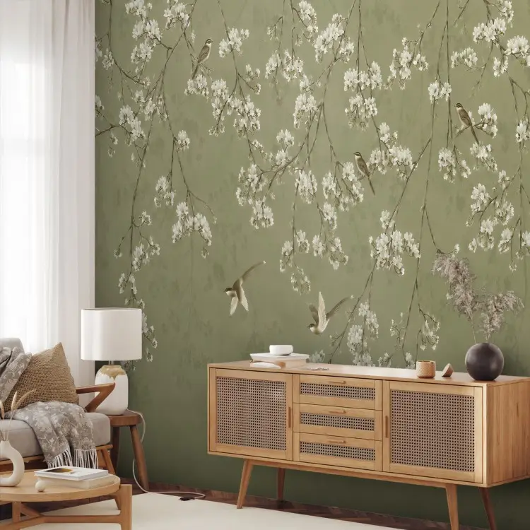 Olive background - hanging cherry branches with little birds
