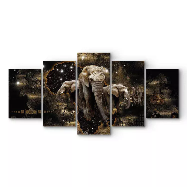 Canvas Print Brown Elephants (5 Parts) Wide