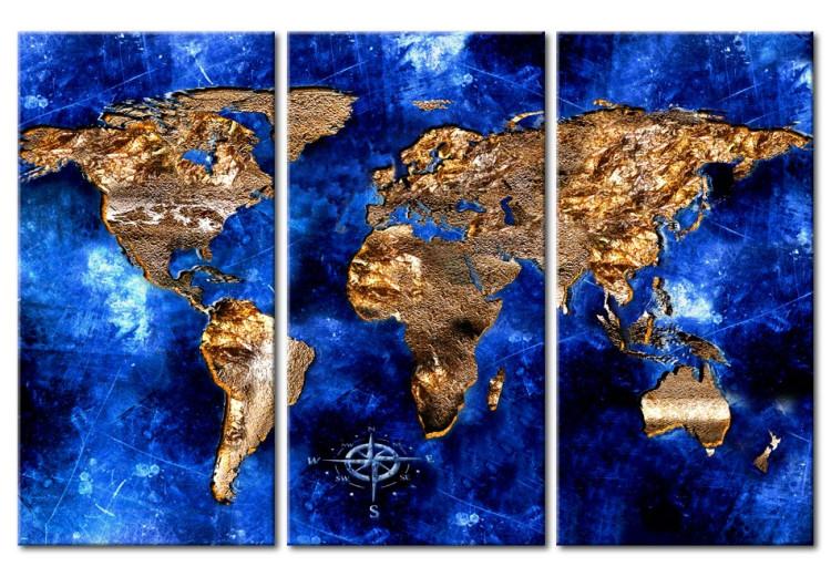 Canvas Print Golden Continents (3-part) - world map with a navy blue ocean