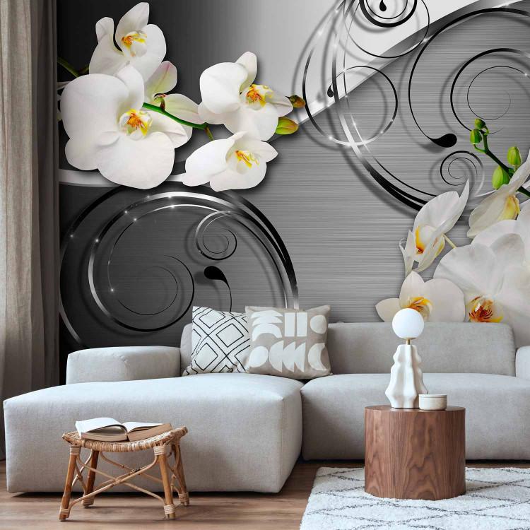 Wall Mural Expectation - white orchid flowers with ornaments on a silver background