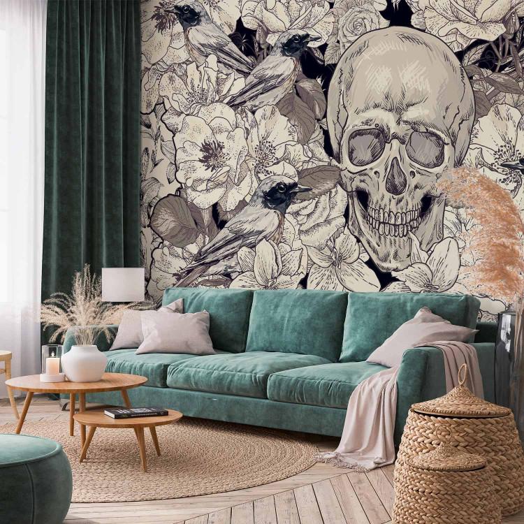 Wall Mural Darkness - black and white fantasy with a skull on a white background with birds
