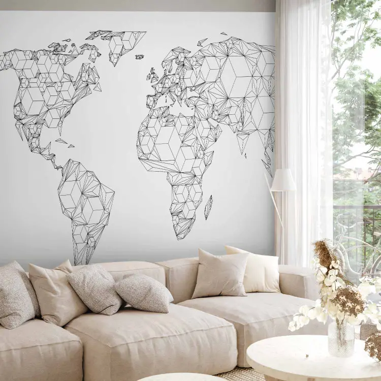 World Map - Geometric Shapes of Continents with Black Outlines on White Background