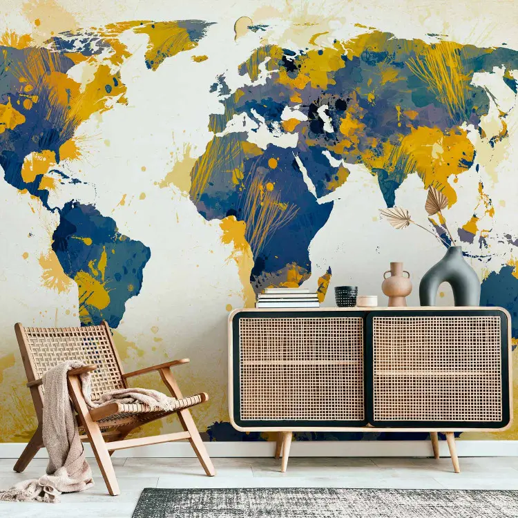 Photo Wallpaper World Map - Sun and Sky with Blue Continents on a ...