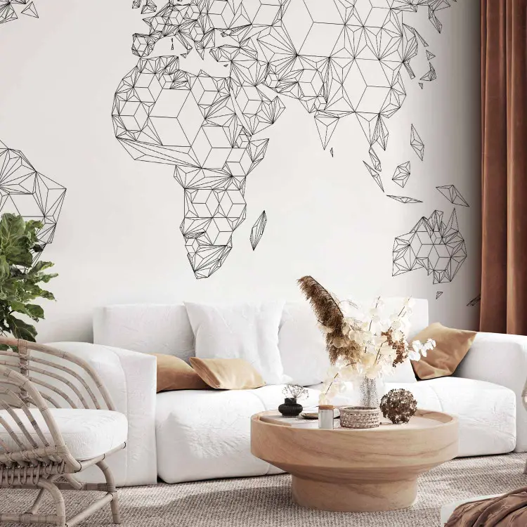 World Map - Black and White Composition with Sketched Continents