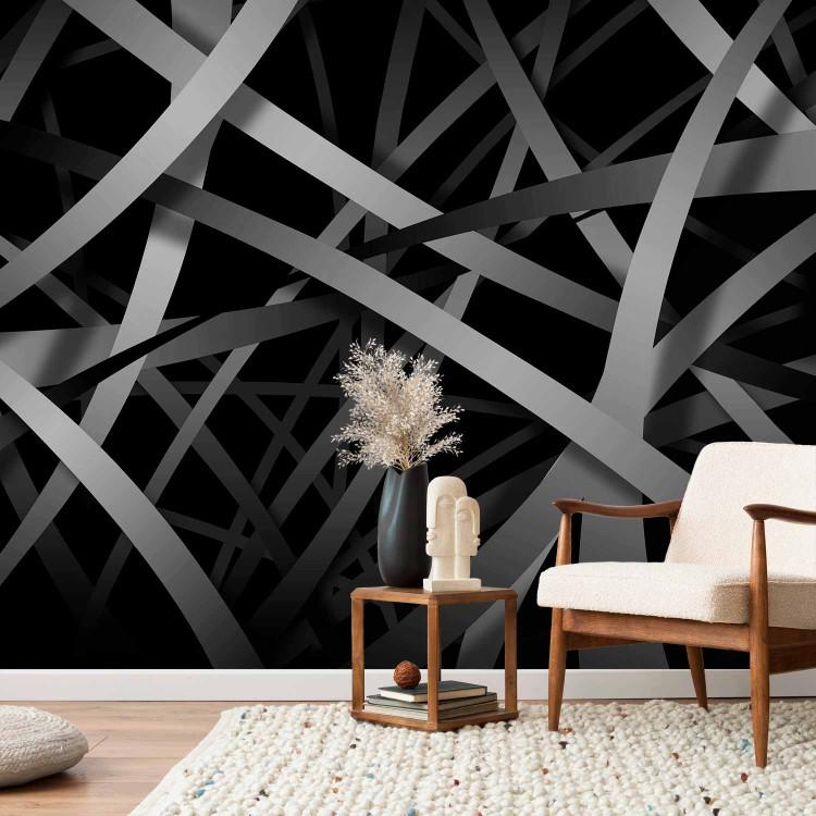 Wall Mural Perspective - Dark Gray Stripes with 3D Illusion and Black Space