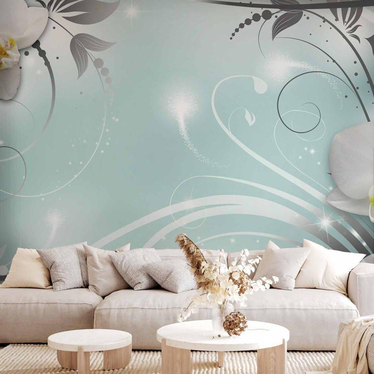 Wall Mural Blue Abstraction - Orchid Flowers on a Blue Background with Ornaments