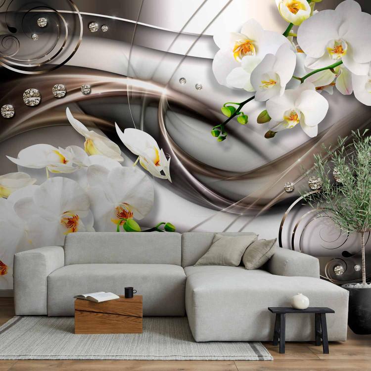 Wall Mural Abstract About Flowers - White Orchids on a Silver Composition Background