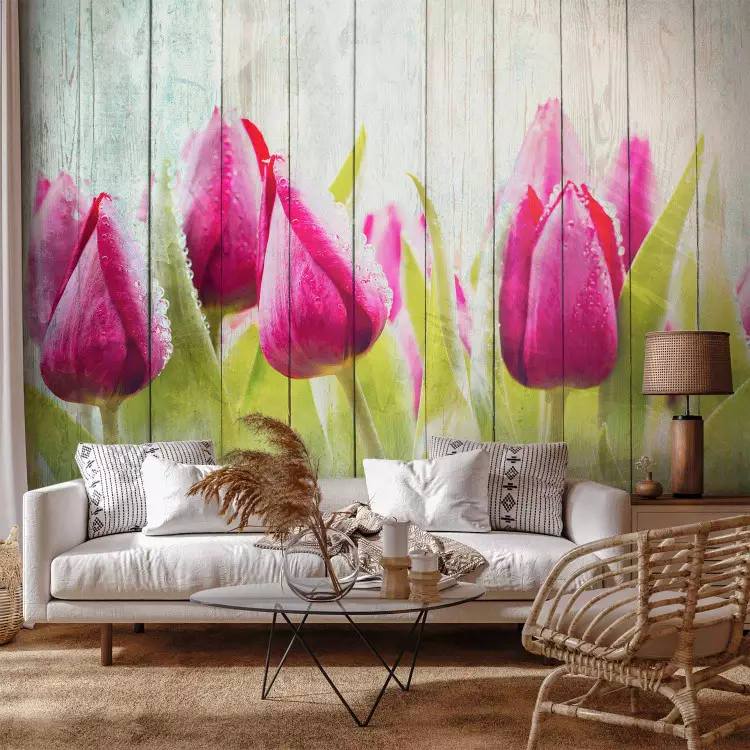 Tulips on white wood