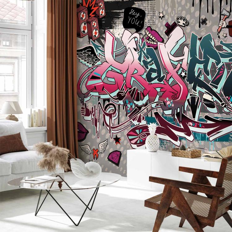 Wall Mural Hey You! - Mural with Texts and Drawings in Shades of Pink and Turquoise