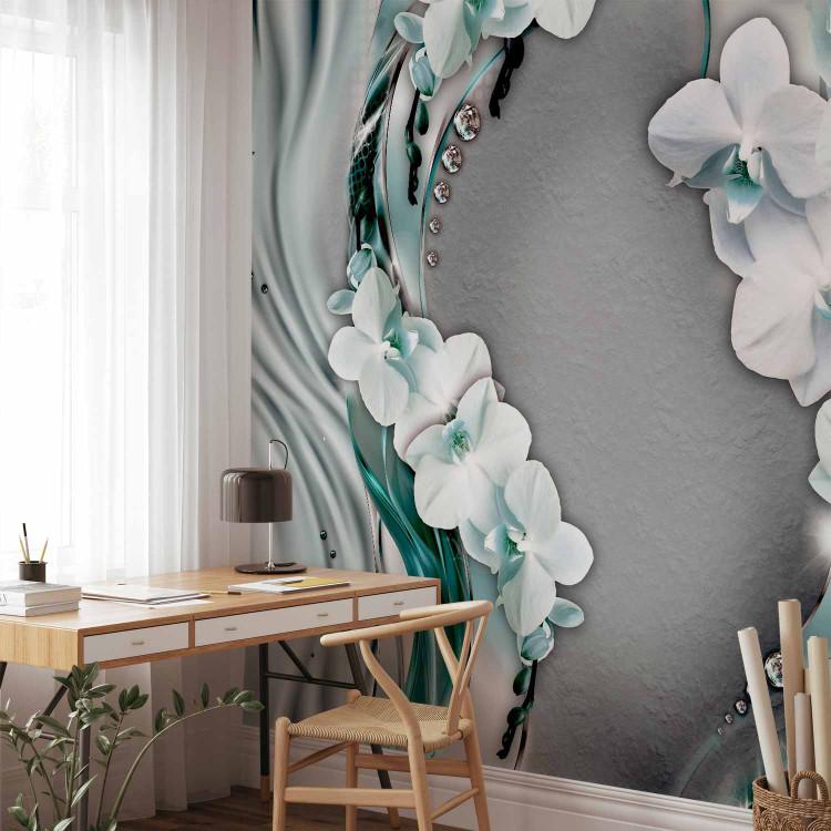 Wall Mural Abstraction - Orchid Flowers with Pearls on Blue Shades Background