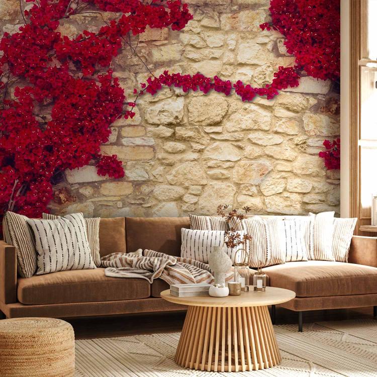 Wall Mural Stone Wall - Background with Red Ivy and Turquoise Flower Pots