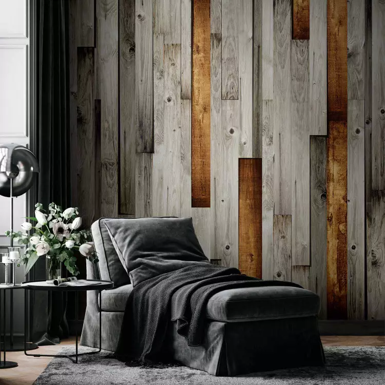 Wall Mural Wooden Texture - Design of gray wooden planks with a brown accent