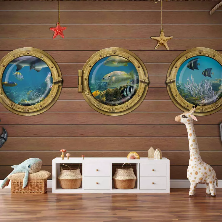Wall Mural Fish by the Bow - Illusion of a view of marine animals through a window on a boat