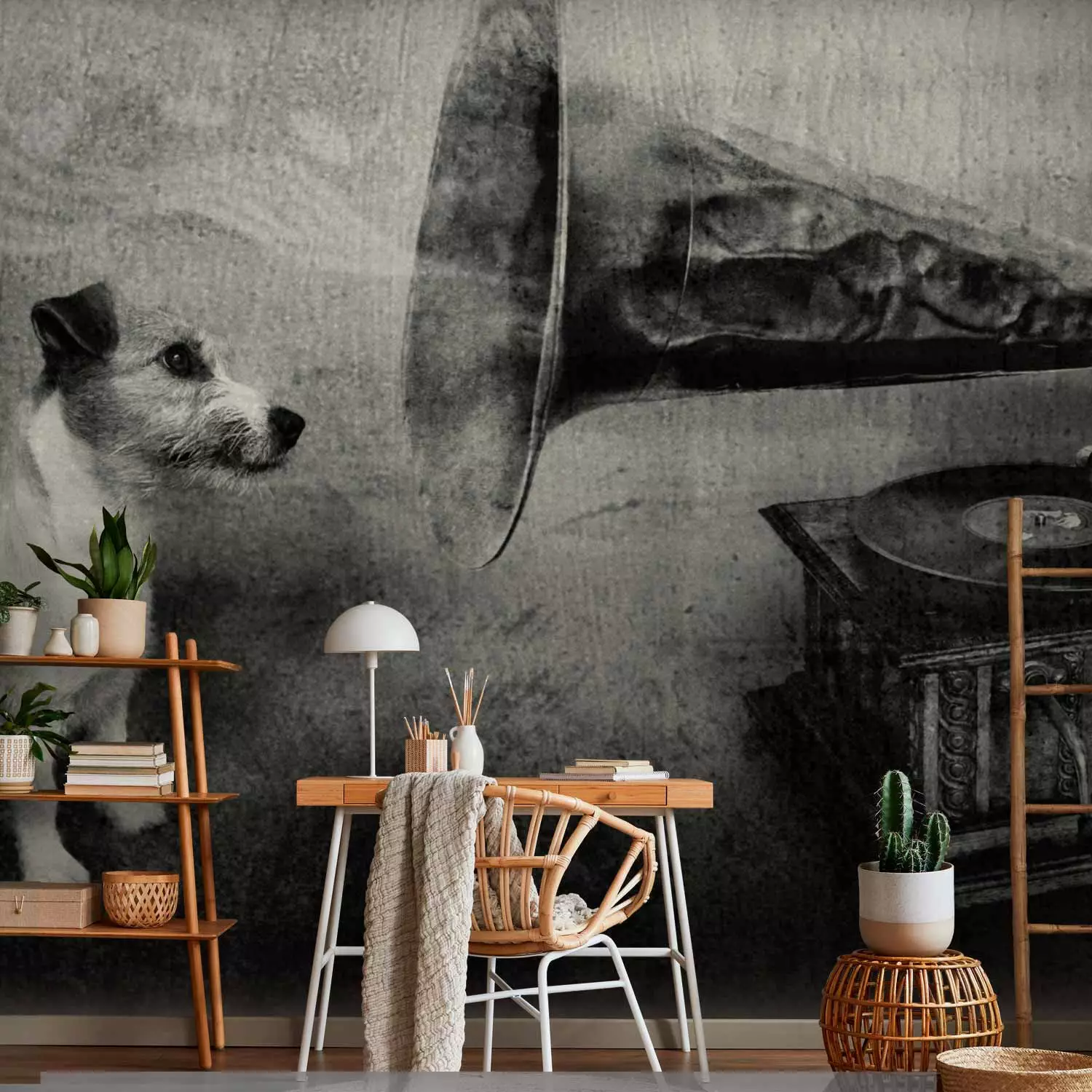 Wall Mural Music from the Turntable Black and white dog listening to music with musical notes bimago