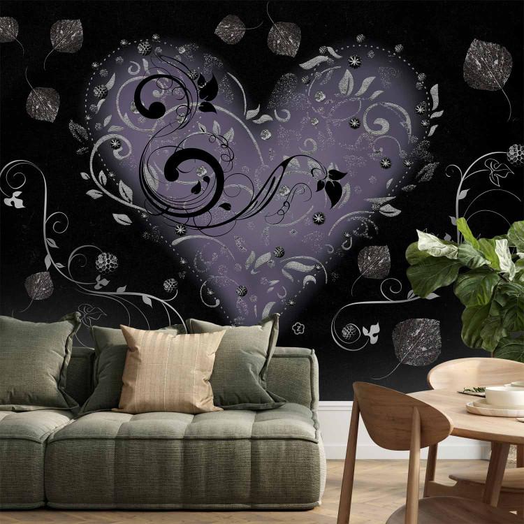 Wall Mural Abstraction - Gray heart on a black background with plant patterns