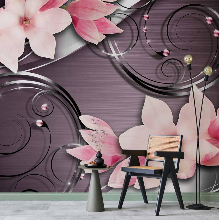 Wall Mural Abstraction with Flowers - Pink magnolias on a metallic background with patterns