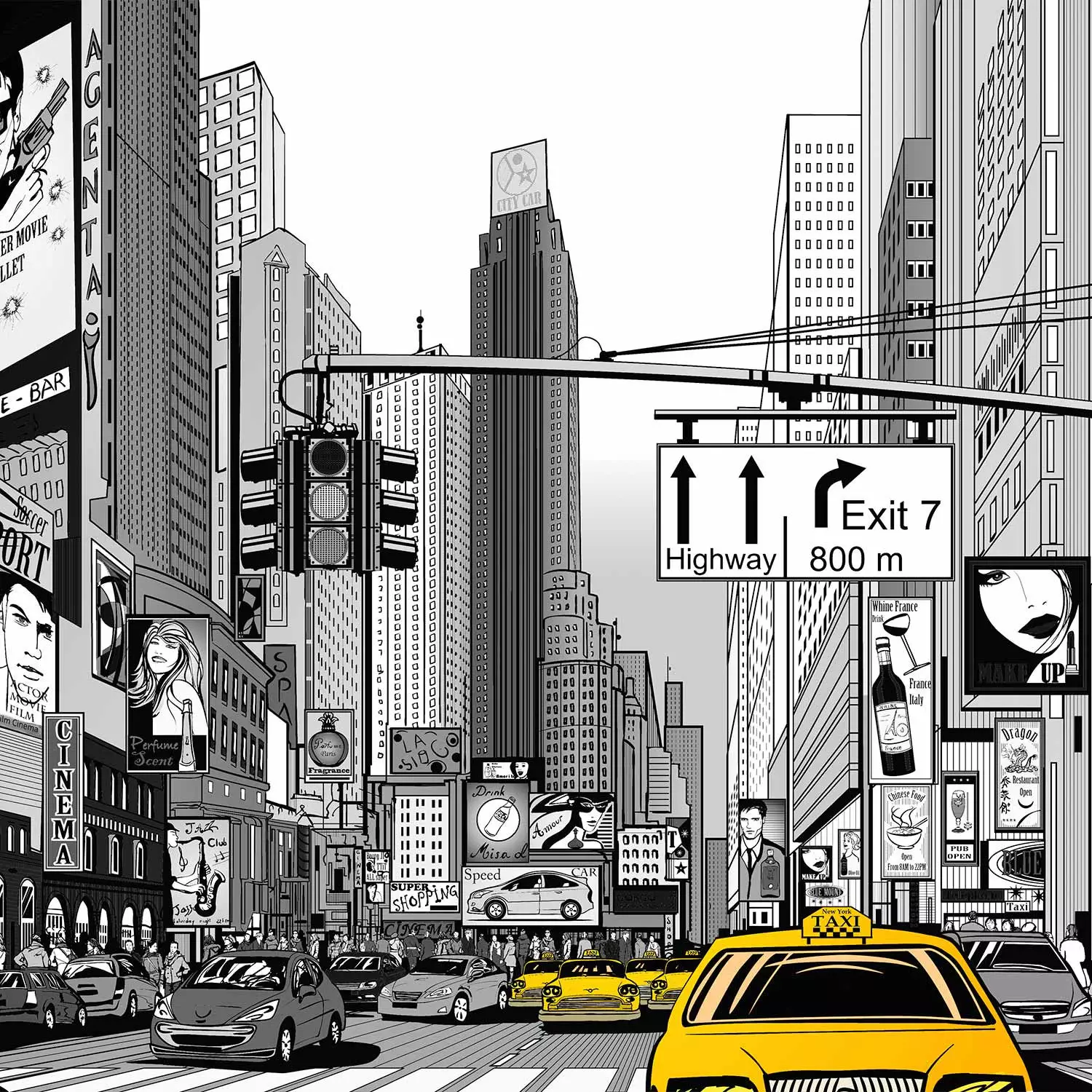 Wall Mural Comic about New York - Black and White Architecture with Yellow  Taxis - bimago