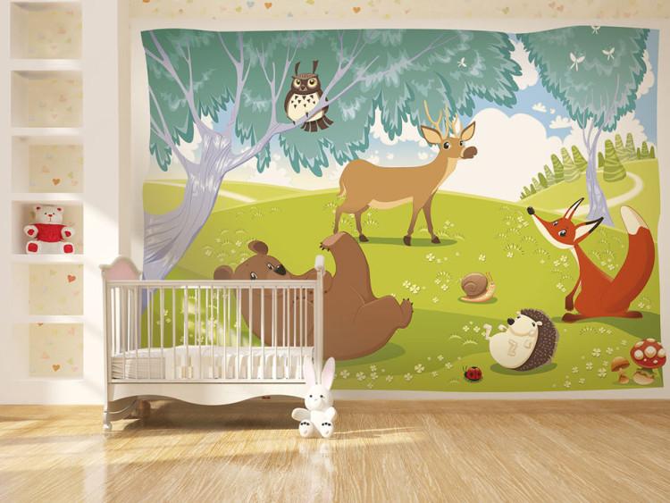 Wall Mural Enchanted World - Forest animals in the lap of nature with trees for children