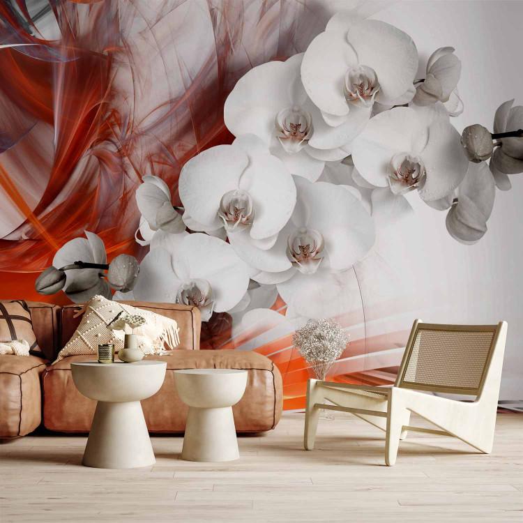 Wall Mural Flowers on Fire - Black and white orchid with orange smoke pattern