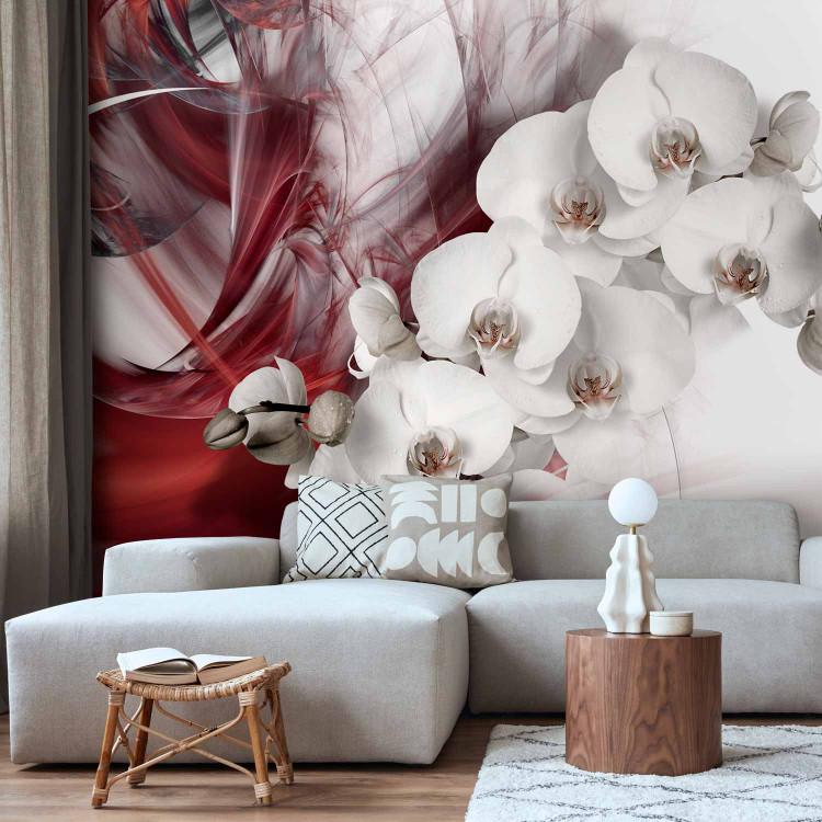 Wall Mural Abstract with Flowers - Black and white orchid on a burgundy pattern background