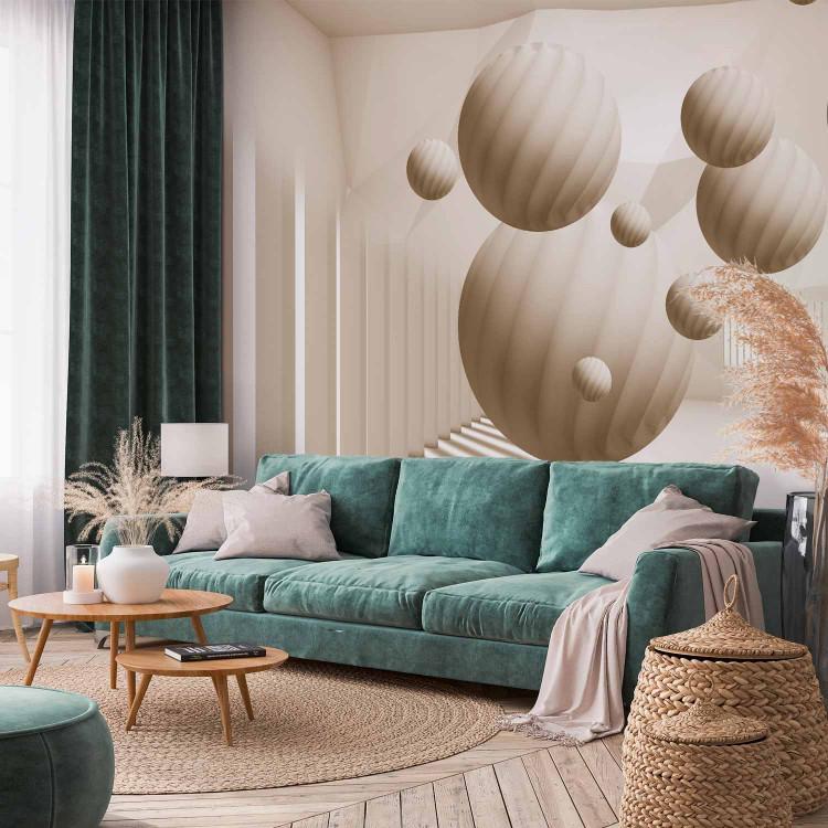 Wall Mural 3D Abstraction - Beige spheres with shadow in a bright space with columns